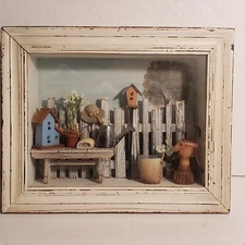 Garden Beachy Cottage Diorama Wooden Shadowbox Frame Gardening Rustic c