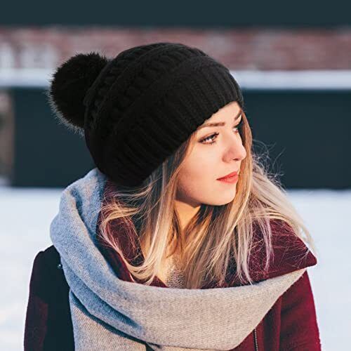 Gorros Mujer con Pompón, Sombreros de Invierno para Mujer con Grueso Cálido Negro + Avena - Imagen 6 de 7
