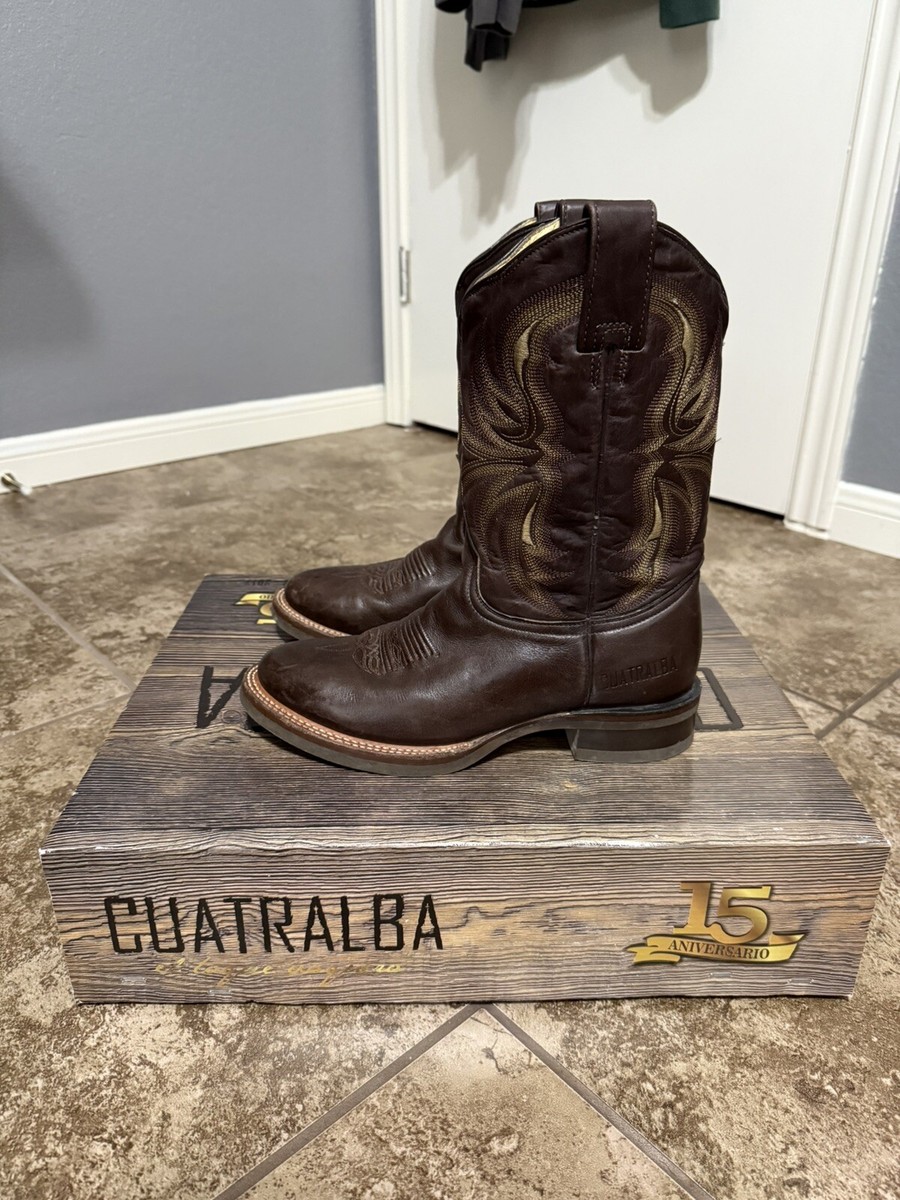 CUATRALBA Men’s Brown Leather Square Toe Western Cowboy Boots | NEW!! Cuatralba Brown Leather Embroidered Boho Western Cowboy  main image 2