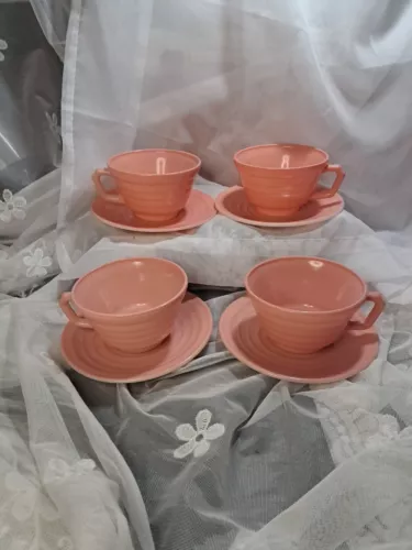 4 VTG HAZEL ATLAS RETRO PINK COFFEE TEA CUPS AND SAUCERS MCM