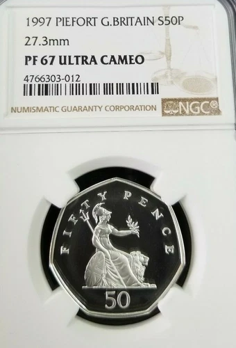 1997 GREAT BRITAIN SILVER 50 PENCE S50P PIEFORT 27.3mm NGC PF 67 ULTRA CAMEO