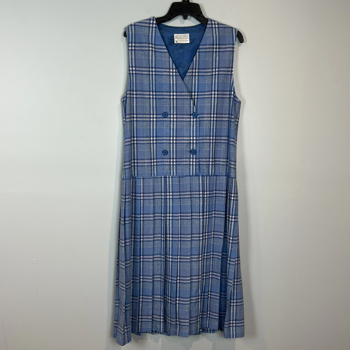 Pendleton Plaid Jumper Dress Virgin Wool Pleated Size 10 Blue Pink