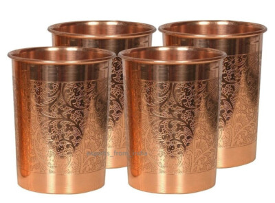 Copper Water Glass Full Embossed Drinking Tumbler Health Benefits 300ML Set Of 4