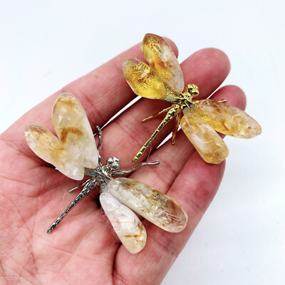 2Pc Natural Citrine Reiki Gemstone Dragonfly Carving Crystal Quartz Healing