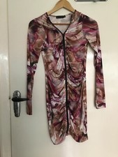 Pretty Little Thing 8 Pink/ Brown Abstract Ruched Zip Front Bodycon Mini Dress