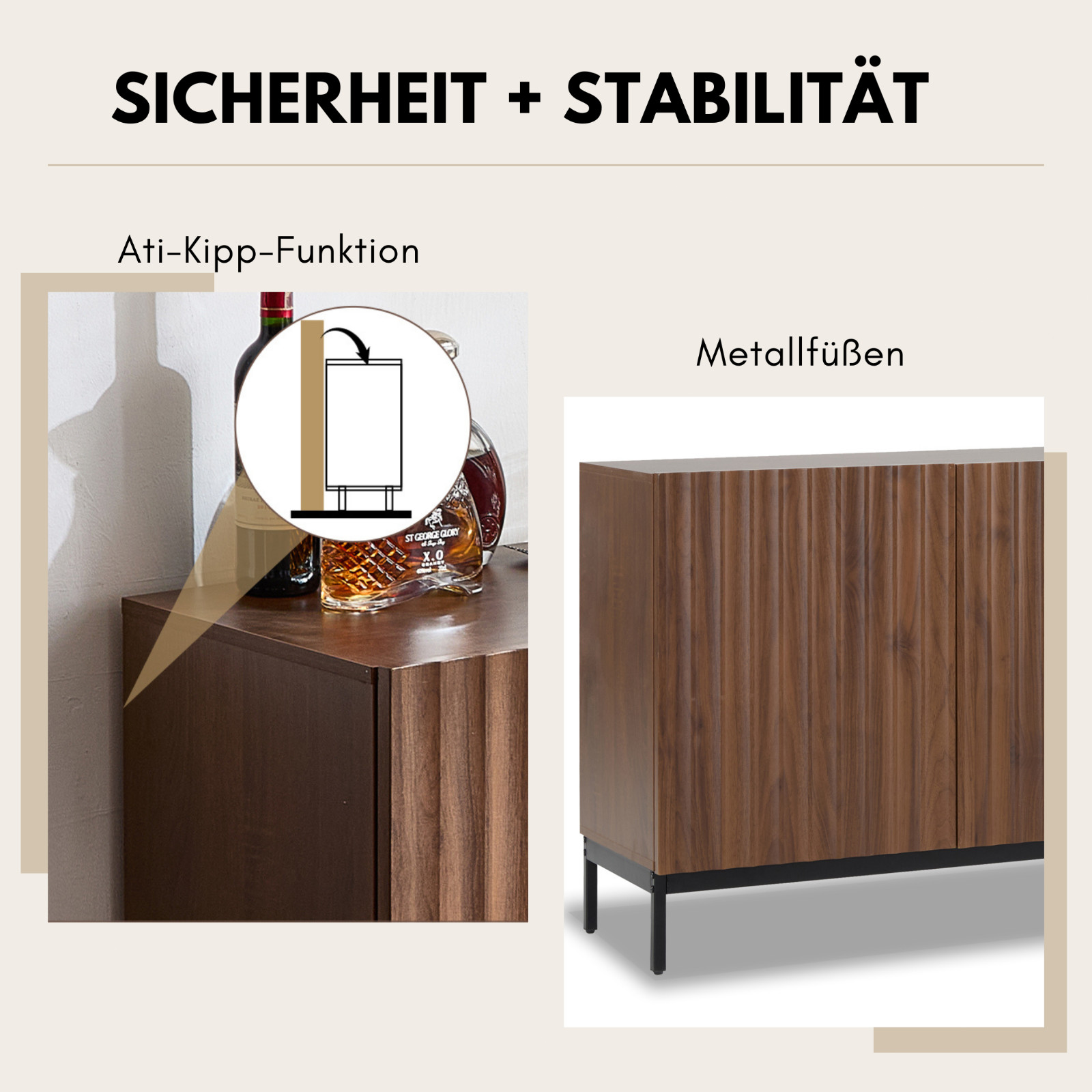 Sideboard Retro Vielseitige Kommode Anti-Kipp Griffloses Sideboard mit 3 Türen