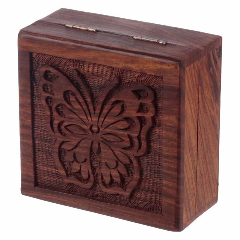 Hand Carved Sheesham Wood Butterfly Trinket Box | Incense Storage | Gift Box