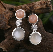Women's Gemstone Jewelry 925 Silver Drop Earrings With CZ Peach & Grey Moonstone