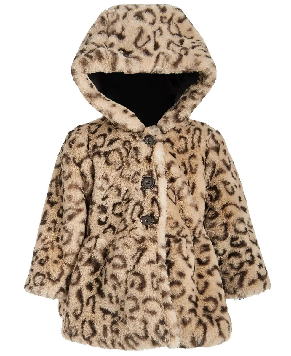 FIRST IMPRESSIONS Infant Girls Leopard Print Faux Fur Hooded Coat