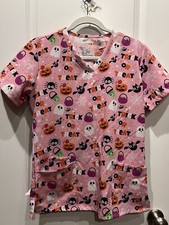 Scrubaid Taper Fit Four Way Stretch Scrub Top Halloween Trick Or Treat PINK MED