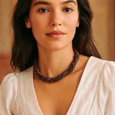 VTG Brown Gold Multi-Strand Beaded Twist Necklace Boho Statement Choker Earthy