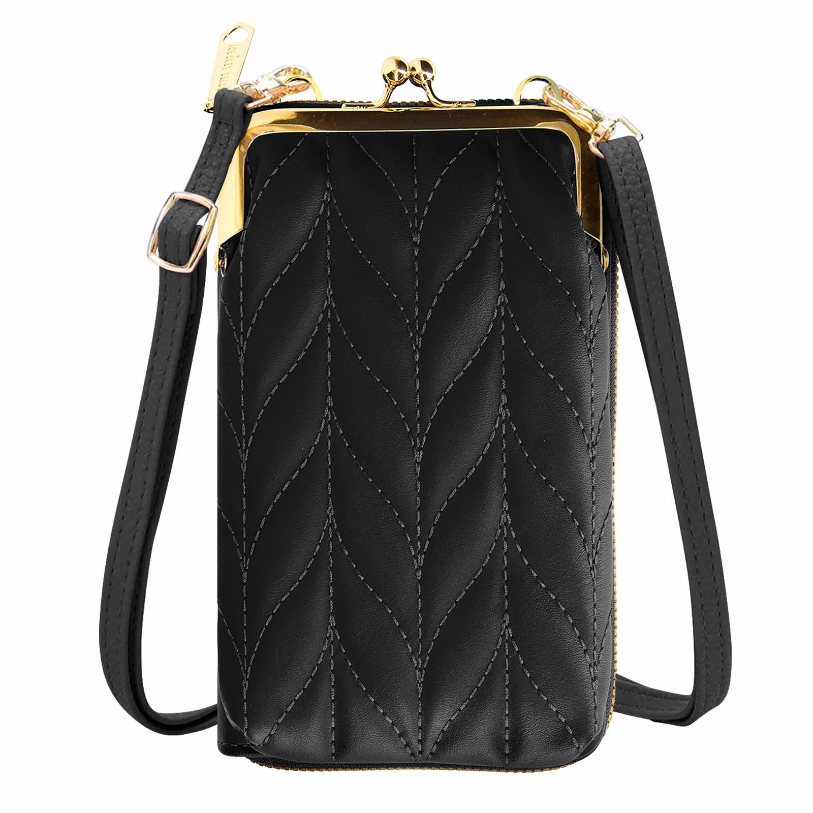Étui à bandoulière smartphone noir simili cuir matelassé multi-poche