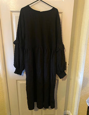 ladies black plain midi dress round neck long sleeve drop waist