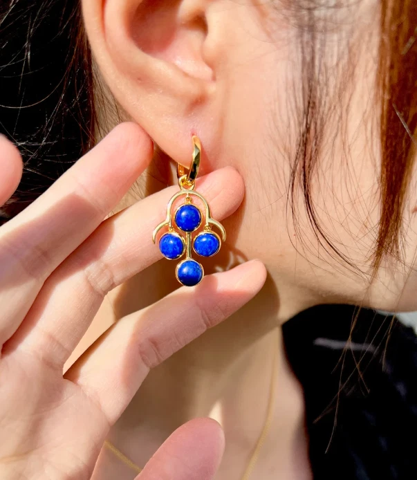 Round Cut Blue Lapis Lazuli Drop Earrings 925 Silver Women's Party Wear Earrings - Image 2 of 4