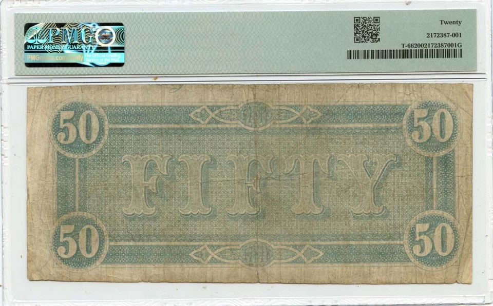 1864 $50 Confederate States of America T-66 CSA PMG VF20 - Image 2 of 2
