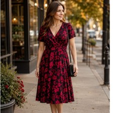 Red Black Floral Fit Flare Dress Sz M Dark Romantic Modest Fall Church Date