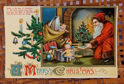 Antique Santa Christmas Card Early 1900s Made In Saxony Unused A Merry Christmas