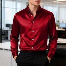Men's Satin Silk Shirt Long Sleeve Button Down Casual Wedding Party Tops Shirts