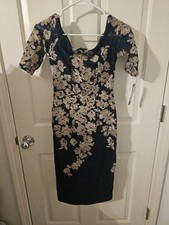 Xscape NWT Navy Blue Gold Embroidered Lace Off Shoulders Dress Size 4