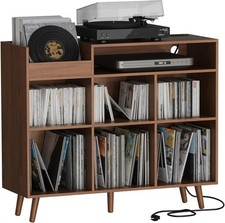 Large Record Player Stand with Vinyl Storage Cabinet Wood Turntable Table Open