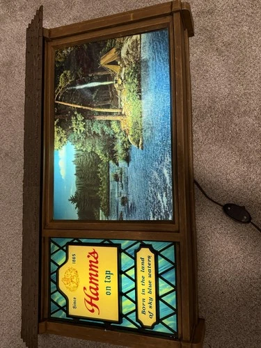 VINTAGE 1960s HAMMS BEER SCENE-O-RAMA MOTION SIGN WATERFALL CAMP FIRE WHITE BACK