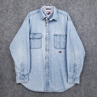 VINTAGE Tommy Hilfiger Jeans Denim Button Up Shirt Mens Large Blue Long Sleeve