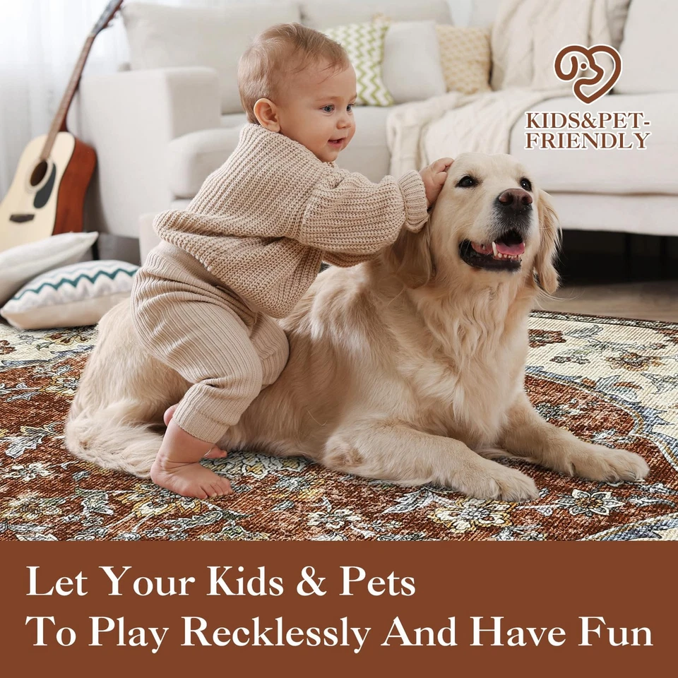 Tapete de área grande 10x13, tapete de área medalhão floral lavável vintage para viver R... - Imagem 3 de 4