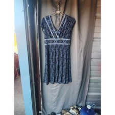 Dressbarn Womens Blue Black Geometric Floral Faux Wrap V-Neck A-Line Dress 14
