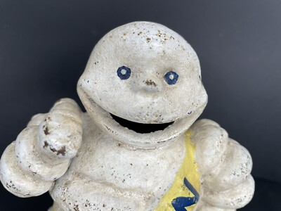 Vtg Bib Michelin Man Cast Iron Dime Bank 1930s Original