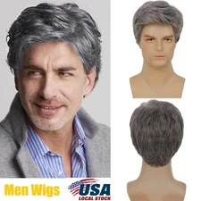 Men Grey Short Wig Synthetic Heat Resistant Natural Cosplay Party Hair Male Wigs