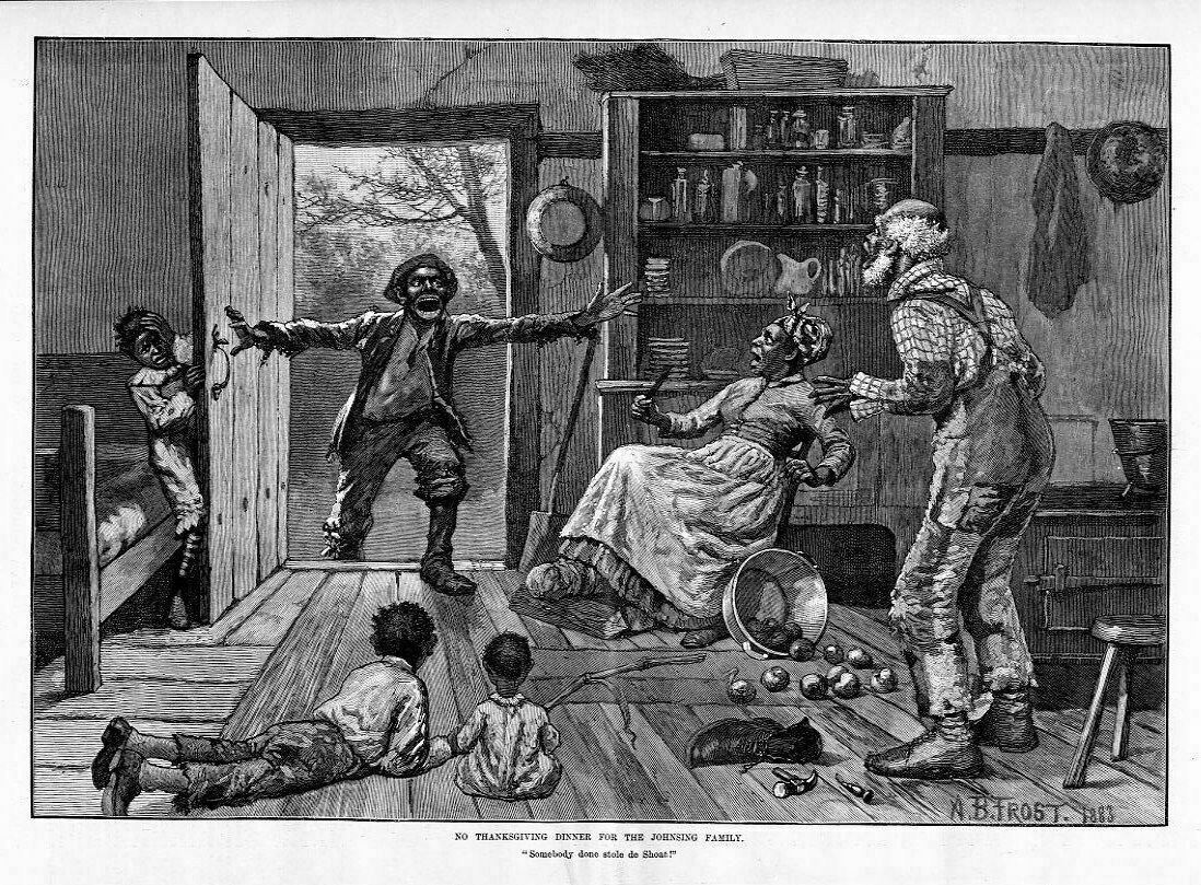 NEGROES PREPARING FOR THANKSGIVING DINNER BY A. B. FROST, MOTHER, FATHER, KIDS