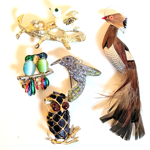 Vintage Costume Brooch Pins Birds Owl Rhinestone Gold Enamel Swoboda Monet Lot - Picture 2 of 9