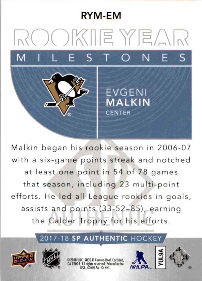 2017-18 Upper Deck SP Authentic Rookie Year Milestones Evgeni Malkin #RYM-EM - Image 2 of 2