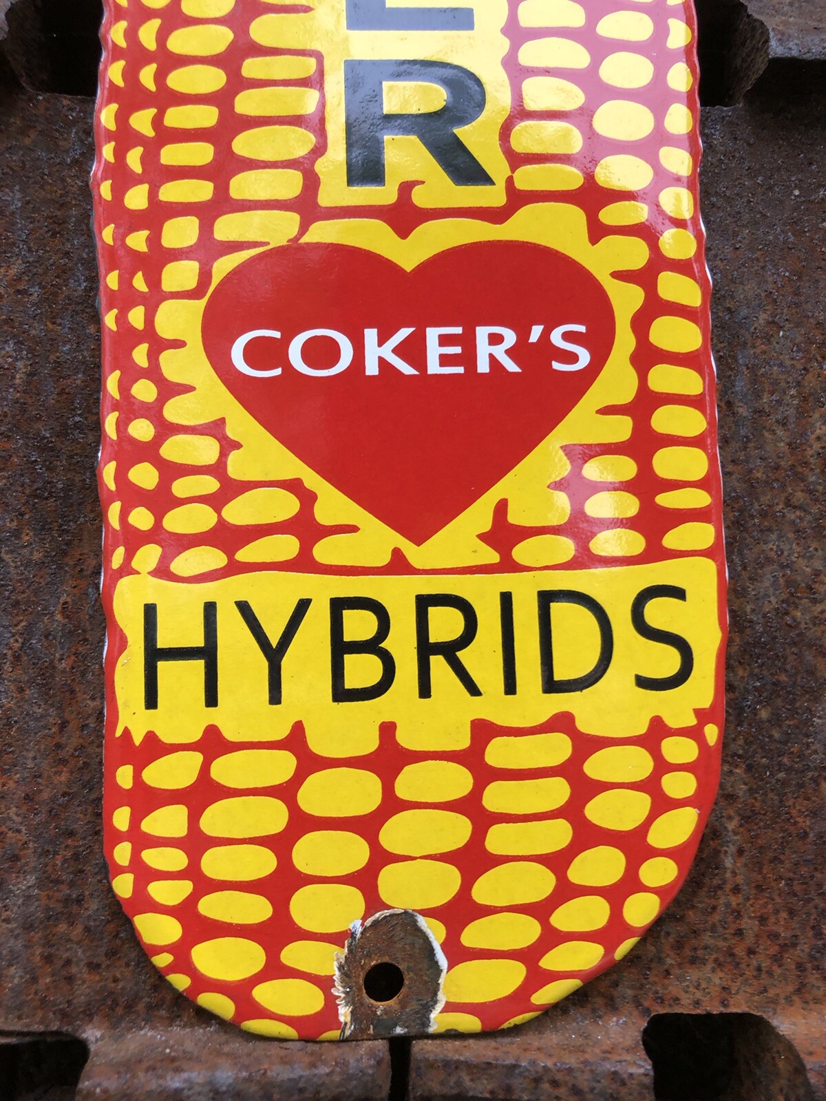 VINTAGE COKER’S HYBRID CORN SEED 12” PORCELAIN SIGN GAS OIL GASOLINE