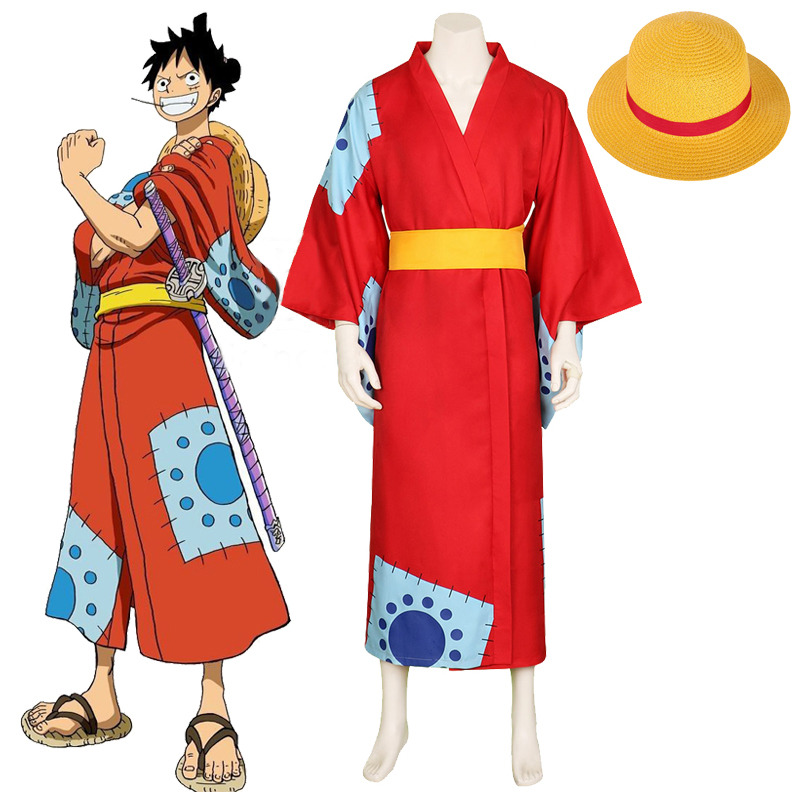 One Piece Cosplay Monkey Luffy Wano Costume Country Hat Kimono Yukata  Outfits
