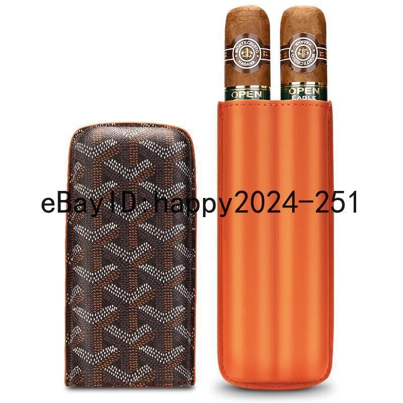 Travel Pocket Orange Cow Leather Case Holder 2 Tube Portable Cigar Humidor Box - Image 2 of 4