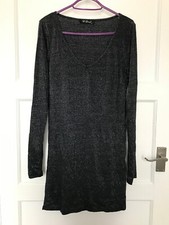Black Silver Sparkly Long Sleeve Short Mini Dress UK Size 10 Clubbing Party