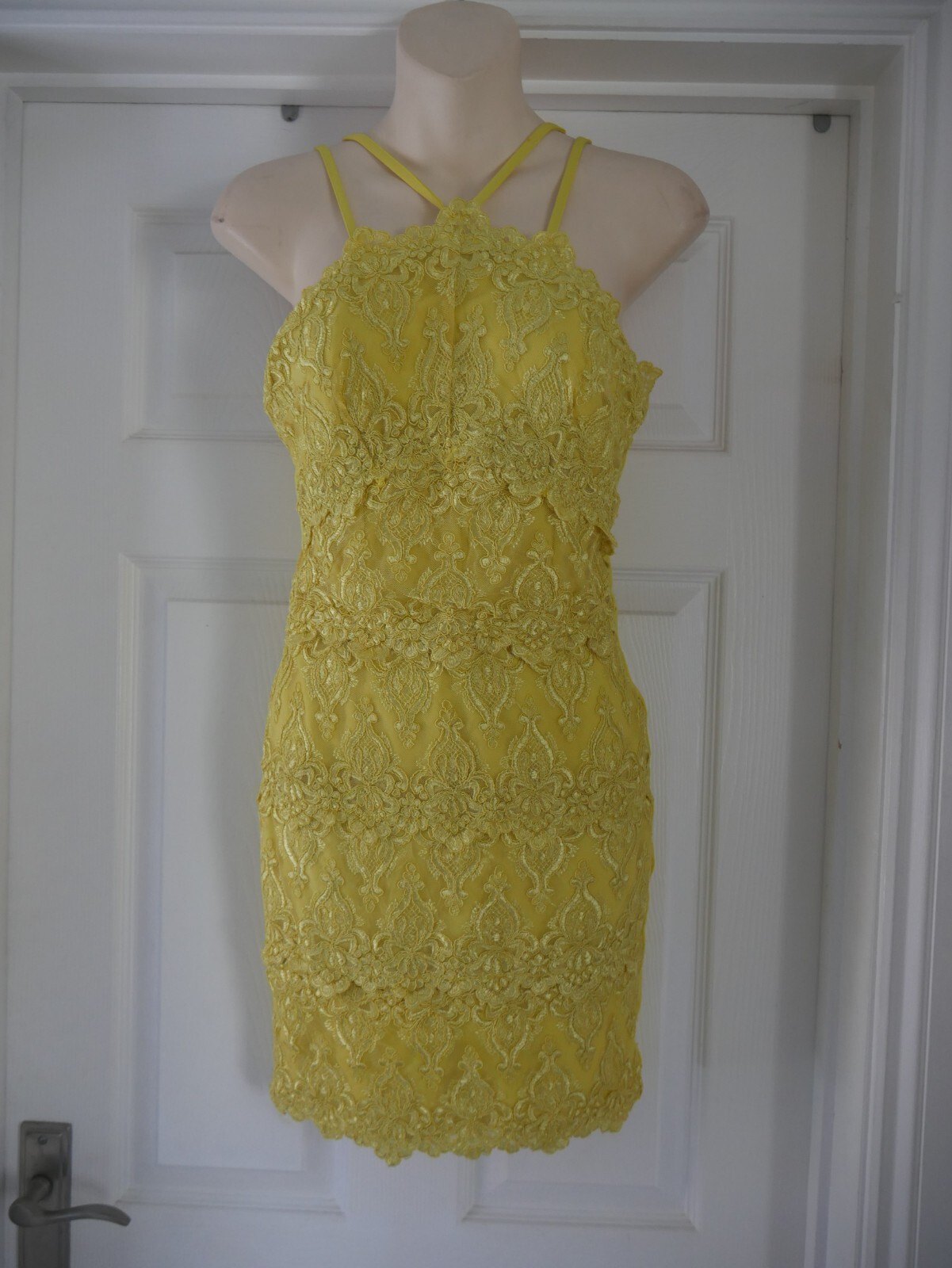 River Island Dress Size 6 Yellow Lace Crochet Wedding Guest Cocktail Evening Par