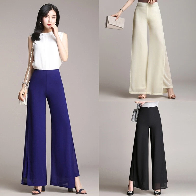 Dama Cintura Alta Pierna Recta Suelto Gasa Acampanados Pantalones Pierna Ancha Dividida Pantalones Foto 3 de 4