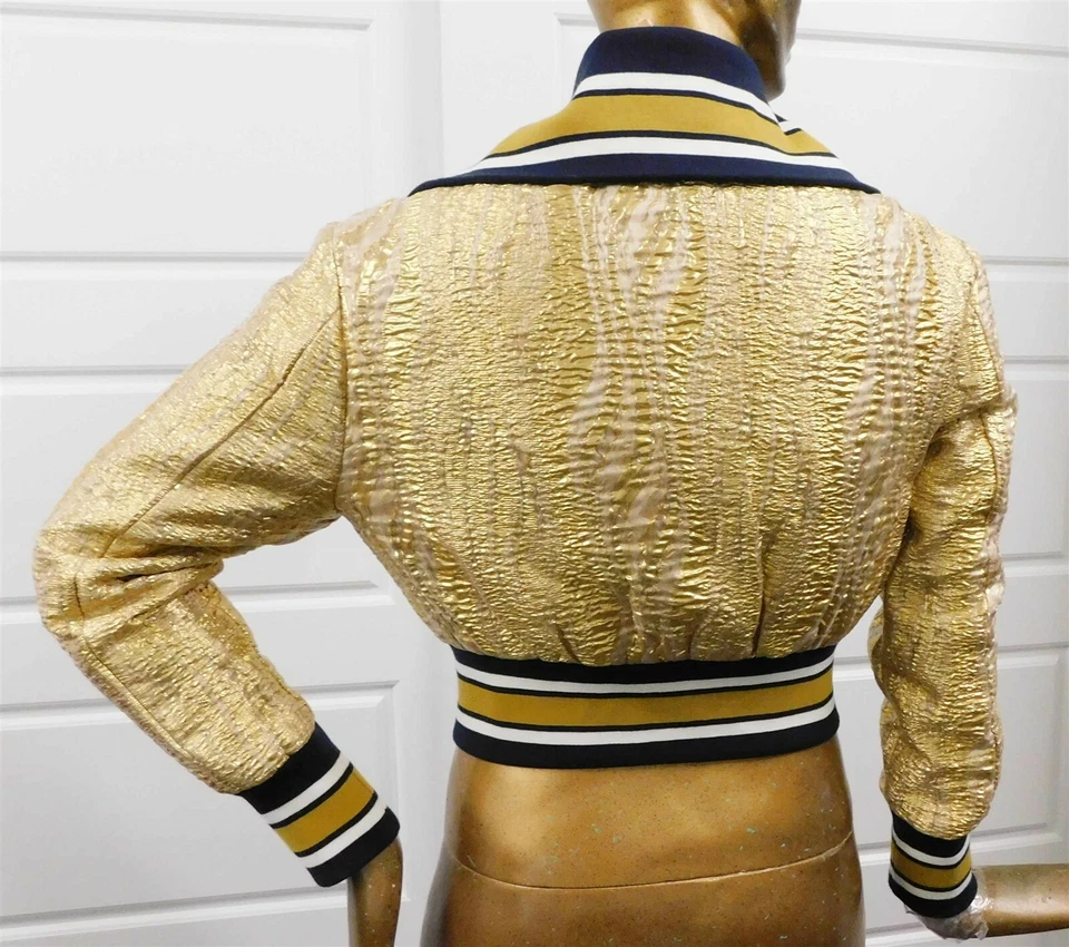 Chaqueta de béisbol BCBG MAXAZRIA $348rt dorada azul marino con cremallera XS Foto 3 de 4