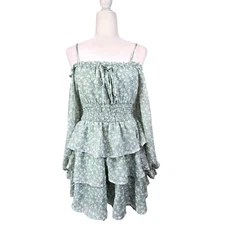 Justify Dress Womens Size S White Green Floral Tiered Smocked Boho Ruffle Dress