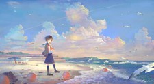 Landscape anime girls school uniform sky clouds beach Custom Gaming Mat Desk
