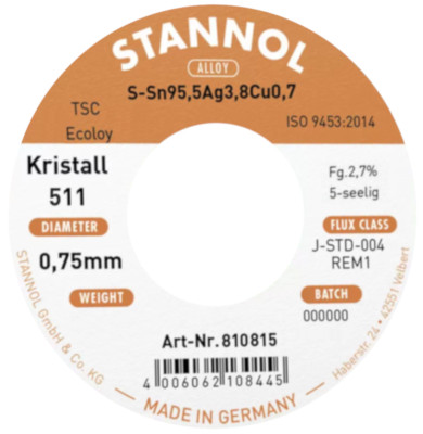 STANNOL 0,75mm TSC Kristall 511 S-Sn95,5Ag3,8Cu0,7 Lötzinn 5-seelig NoClean