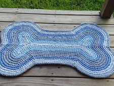 rag rug crocheted bone blues grays washable upcycled 38" by 23"