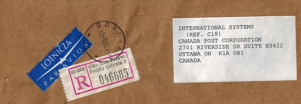 Polonia 1995 Correo Aéreo Oficial Registrado a Ottawa para Reconciliación RARO Foto 2 de 4