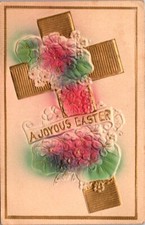Postcard Joyous Easter Golden Cross Wrapped in Hand Colored Flower Bouquet 13554
