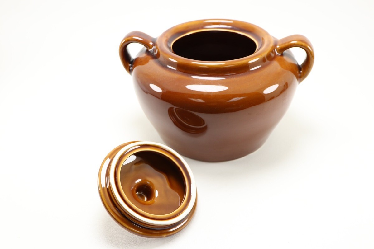Vintage Brown Glaze Pottery Stoneware Crock Bean Pot, 2 Handles  Stoneware Brown Crock Bean Pot Brown Glazed 2 Handles With Lid Made In USA main image 0