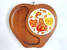Vintage Mid Century Fred Press Apple Shaped Snack & Cheese Tray, Wood & Ceramic