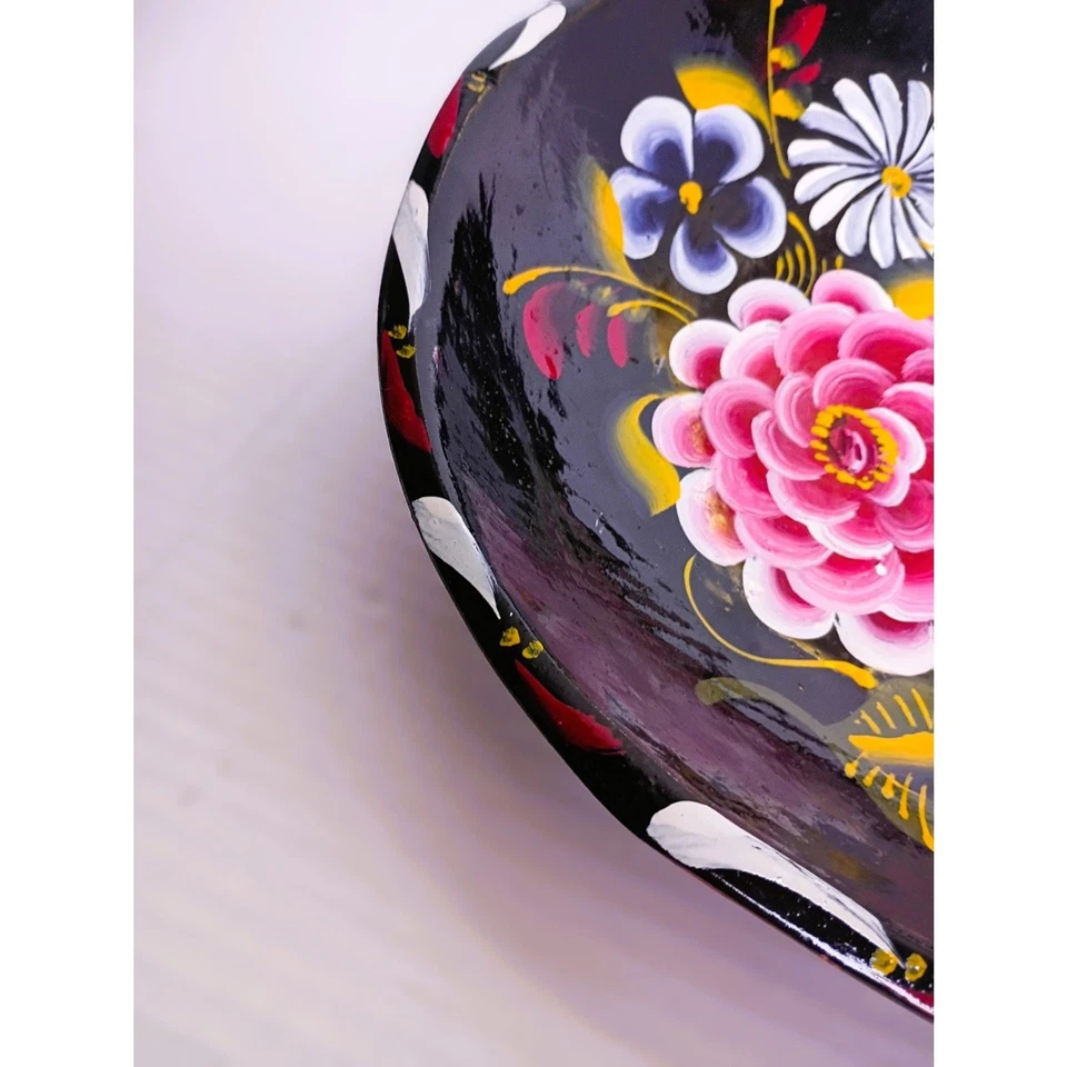 Vintage Batea Mexican Folk Art Wooden Hand Painted Floral Lacquerware Oval Tray - Image 4 of 4