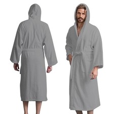 Men's Hooded 100 Cotton Terry Robe,Spa Style Lightweight Bath Robe S/M,Grey